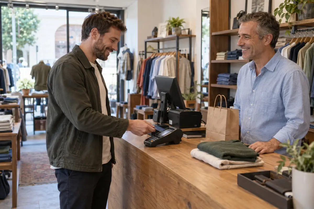Un commesso di un negozio di abbigliamento sorride a un cliente che paga al banco