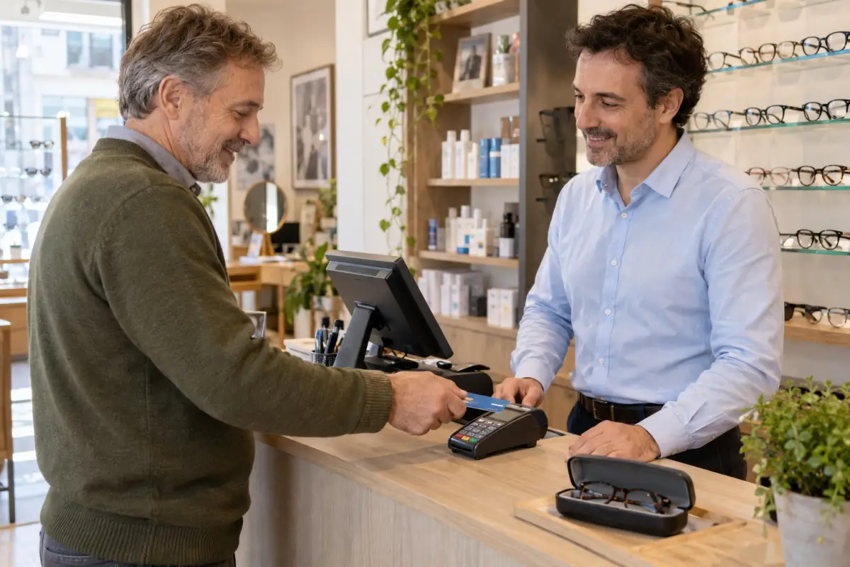 Un ottico al banco mentre un cliente paga con carta