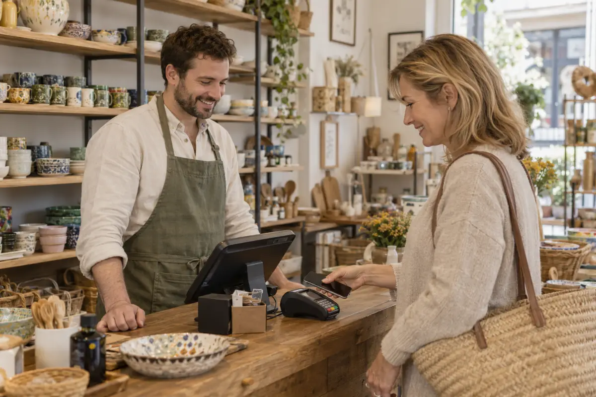 Un addetto di un negozio di casalinghi assiste una cliente al pagamento